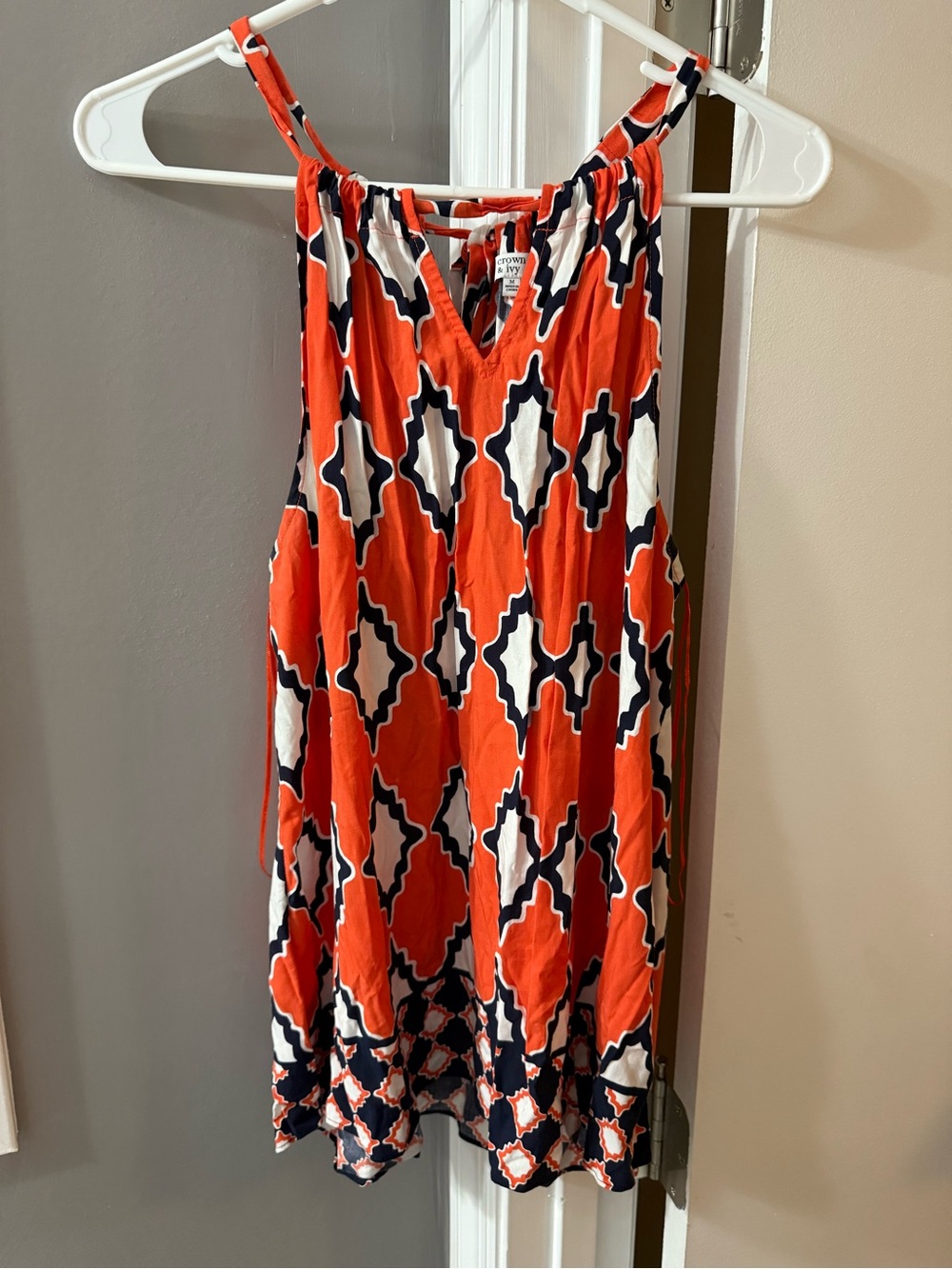 Crown & Ivy Orange Navy Abstract Halter Dress